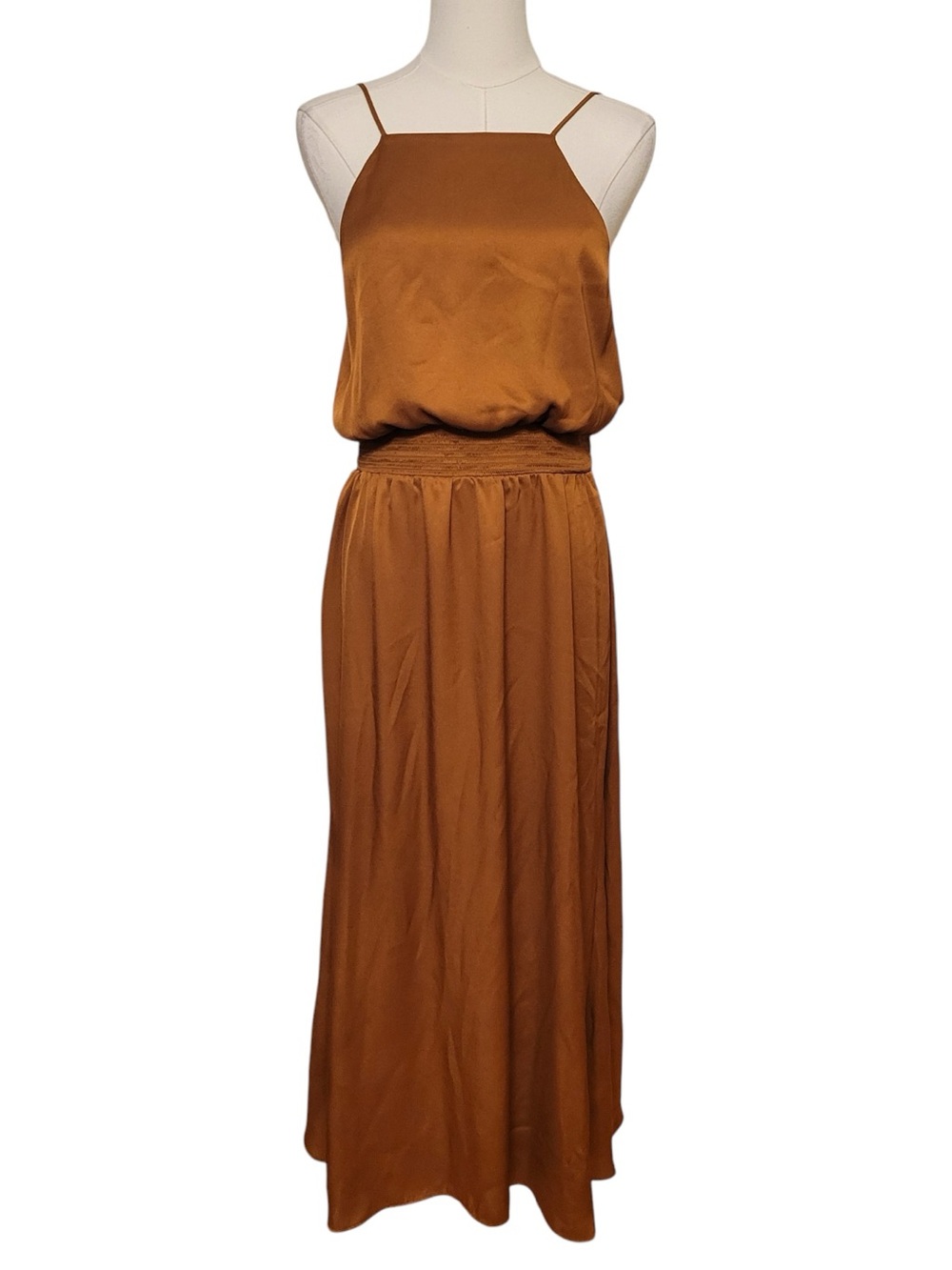 Ann Taylor Bronze Sleeveless Smocked Satin Maxi Dress Size Small